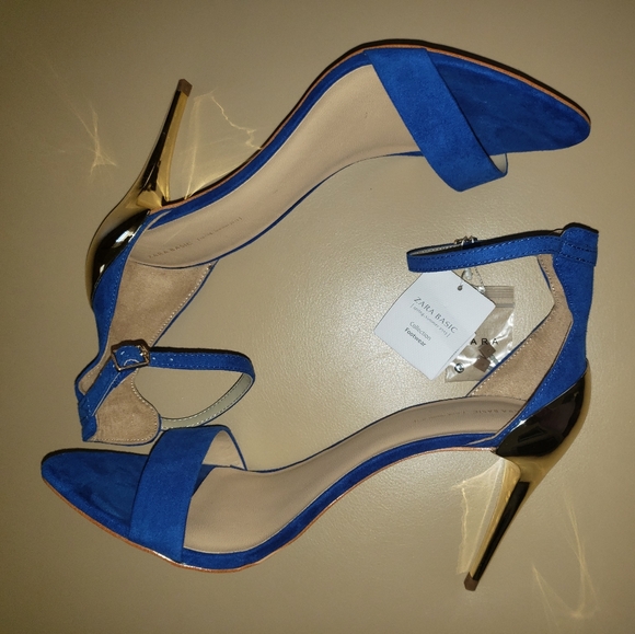 SOLD Zara Blue Suede Gold Medal Sandals - Picture 2 of 4